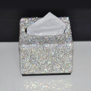 Front view of white diamond-accent square tissue box holder on neutral background