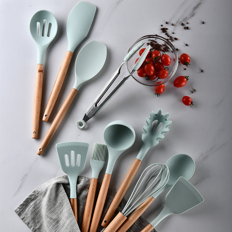 Non-Stick 11 Pcs Silicone Cooking Utensils Set with Wooden Handle